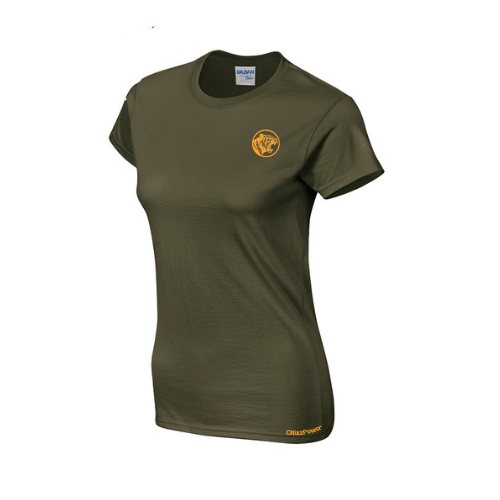 Green t-shirt with a logo on a white background