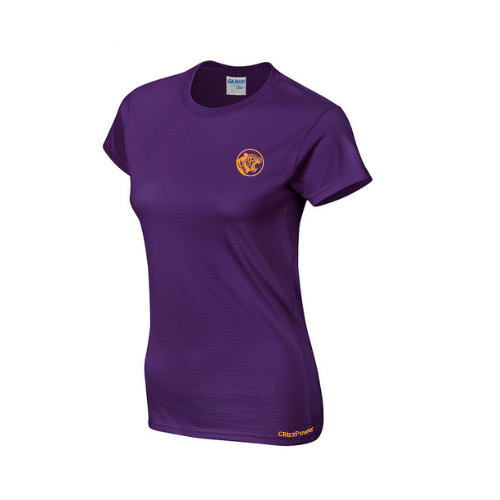 Purple t-shirt with a logo on a white background