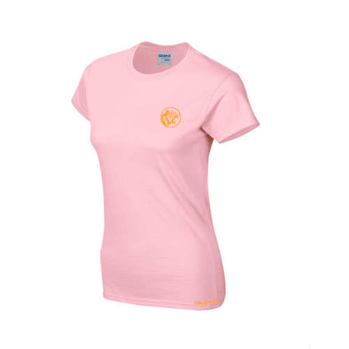 Pink t-shirt with a small logo on a white background