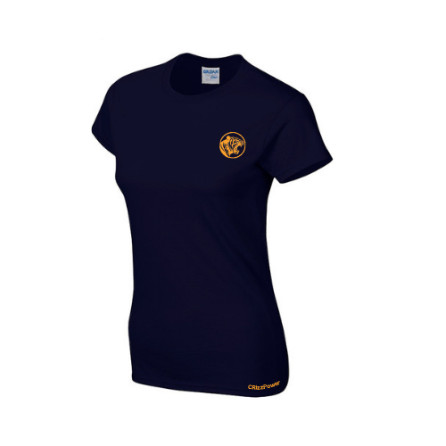Navy blue t-shirt with a yellow logo on a white background