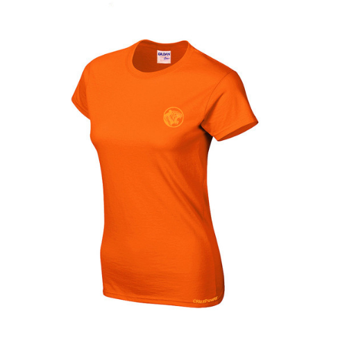 Orange t-shirt with a logo on a white background