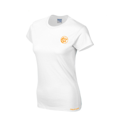 White t-shirt with a logo on the chest against a white background