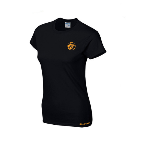 Black t-shirt with a yellow logo on a white background