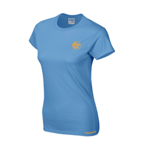 Light blue t-shirt with a yellow logo on a white background