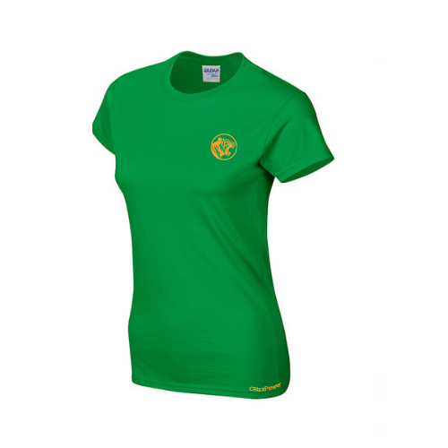 Green t-shirt with a logo on a white background