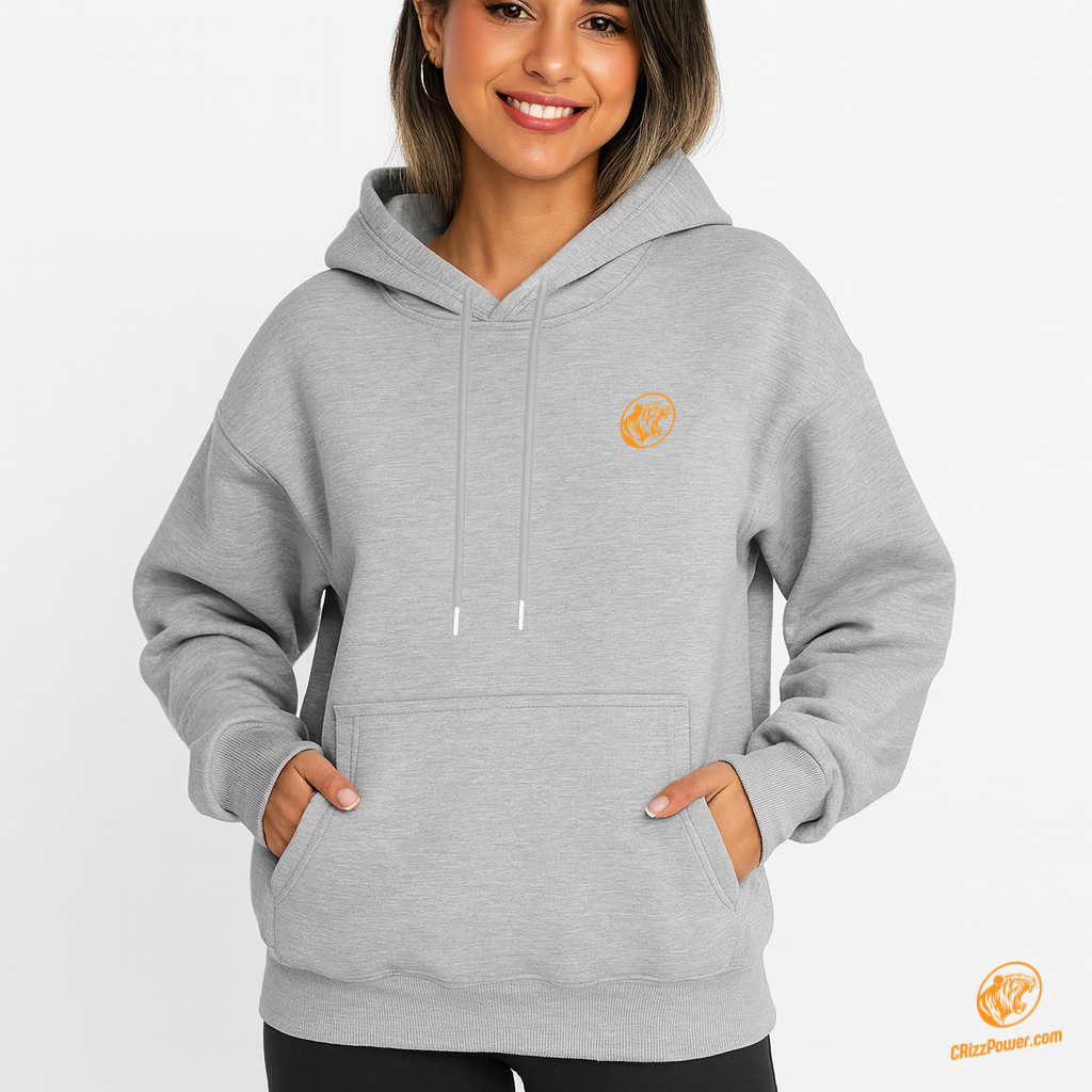 "Smiling woman wearing a CRizzPower essential hoodie with tiger logo – cozy streetwear and active lifestyle apparel"