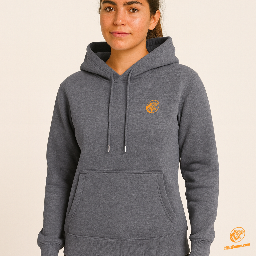 "Confident woman wearing an urban gray CRizzPower hoodie with minimalist tiger logo – premium casual and activewear"