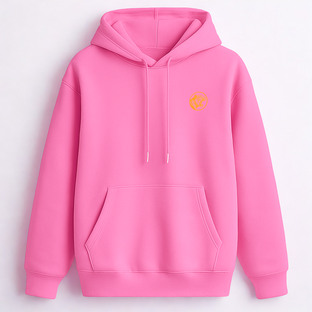 Pink hoodie with a yellow logo on a light gray background