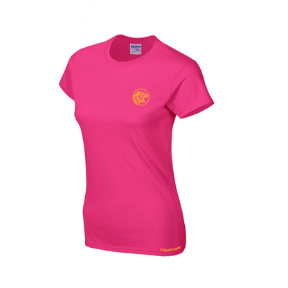 Pink t-shirt with a logo on a white background