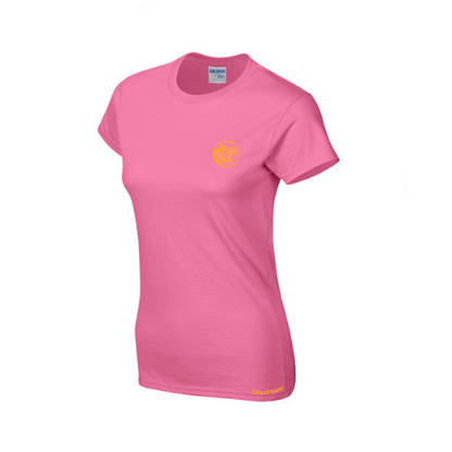 Pink t-shirt with a yellow logo on a white background