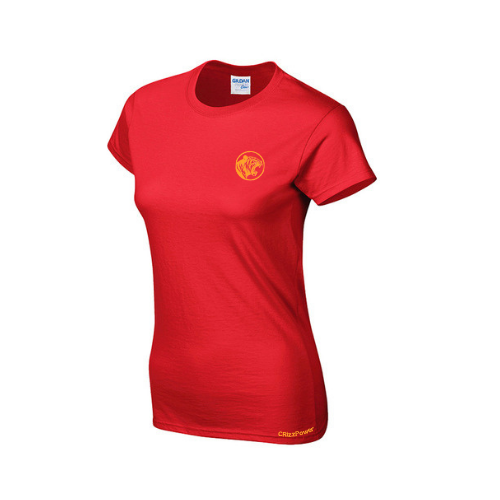 Red t-shirt with a yellow logo on a white background