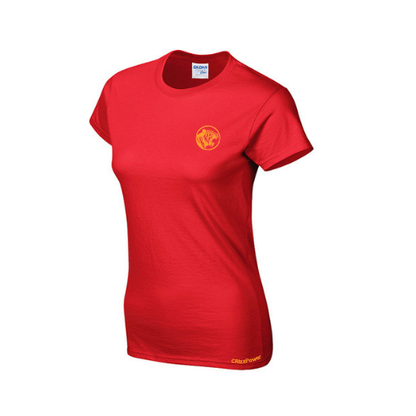 Red t-shirt with a yellow logo on a white background