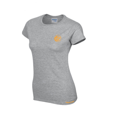 Gray t-shirt with a logo on a white background