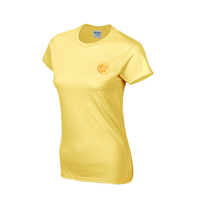 Yellow t-shirt with a logo on a white background