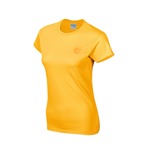 Yellow t-shirt with a logo on a white background