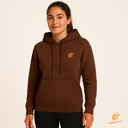 "A smiling woman wearing a brown CRizzPower hoodie with embroidered tiger logo – stylish and comfortable activewear"