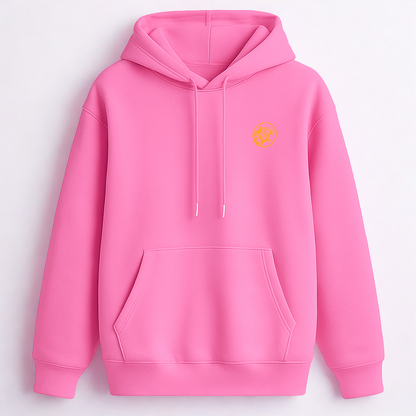 Pink hoodie with a yellow logo on a light gray background