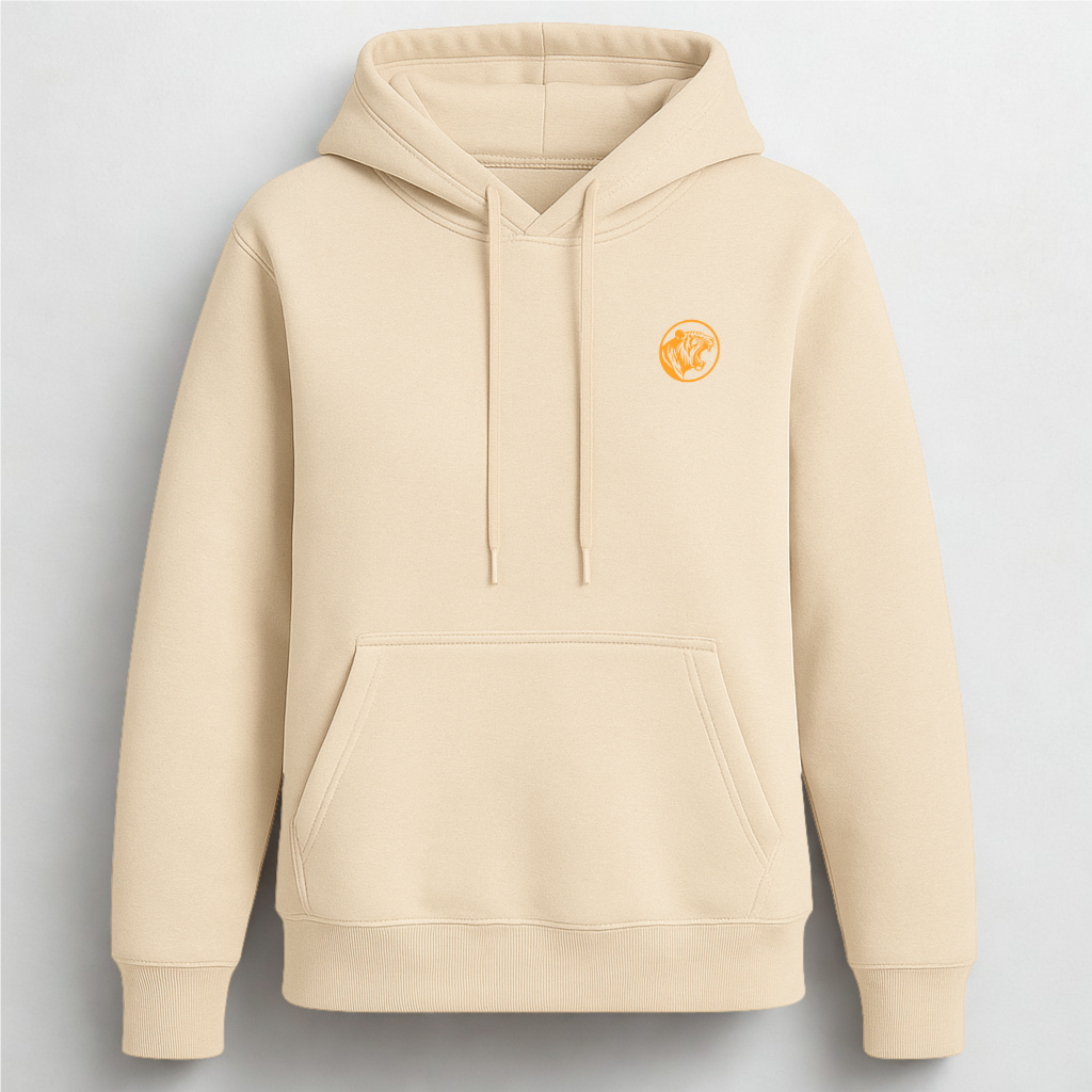 "Beige CRizzPower hoodie with iconic orange tiger logo – soft, unisex premium sweatshirt for fitness and lifestyle"