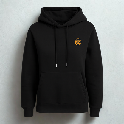 "Black CRizzPower hoodie with bold orange tiger logo – minimalist athletic streetwear for men and women"