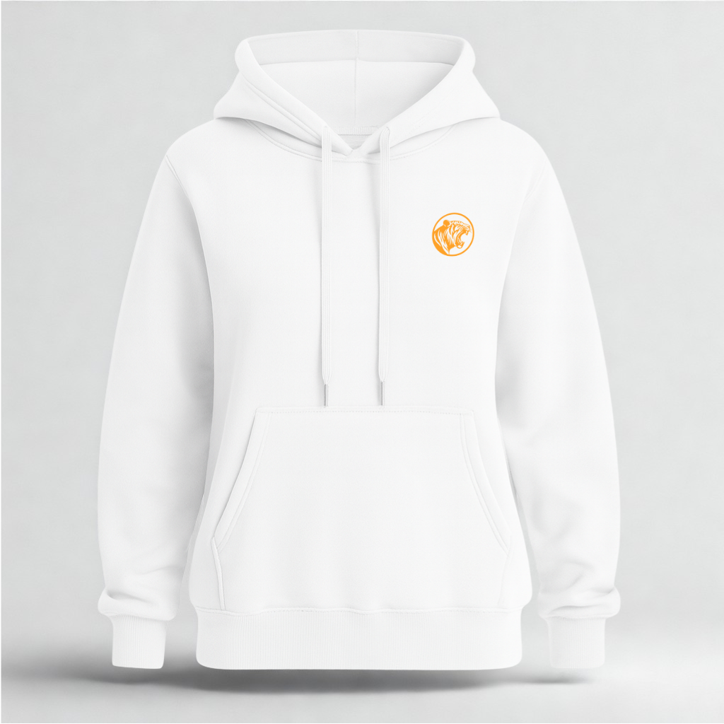 White hoodie with a small logo on the chest against a light gray background