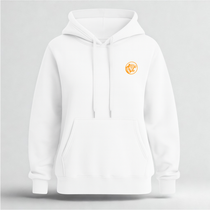 White hoodie with a small logo on the chest against a light gray background