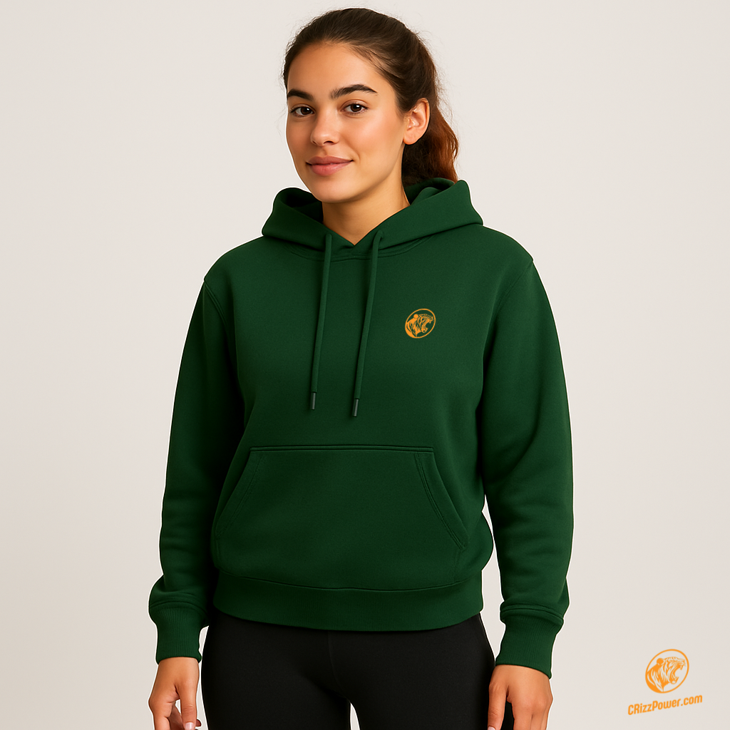 woman wearing green crizzpower hoodie with tiger logo, fitness casual wear