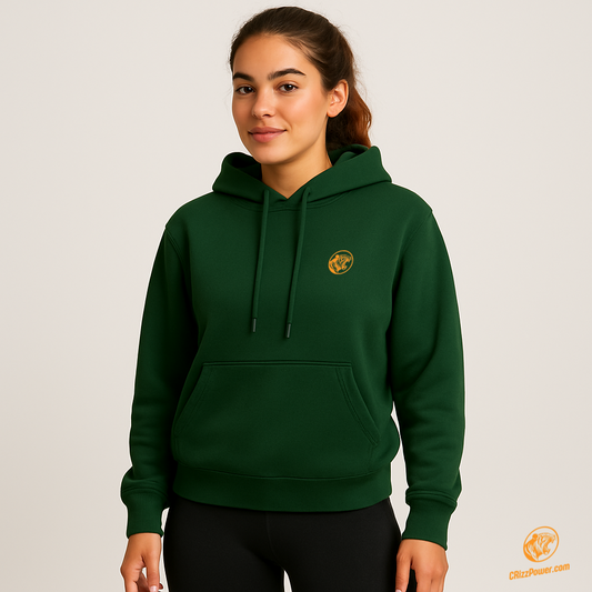 woman wearing green crizzpower hoodie with tiger logo, fitness casual wear